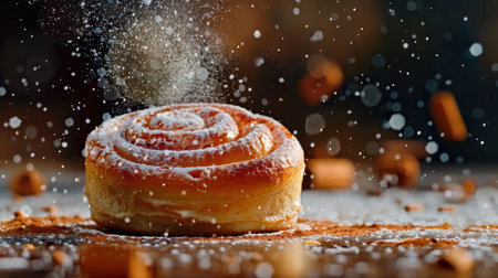 A stunning close-up of a cinnamon roll dusted with powdered sugar, surrounded by falling sugar particles, showcasing deliciousness and warmth perfect for food enthusiasts.の素材