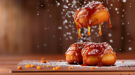 A stunning image of a freshly baked croissant with rich caramel sauce and powdered sugar, set on a wooden surface, perfect for enticing dessert menus or food blogs.の素材