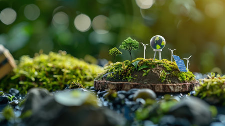 A creative depiction of sustainability featuring a miniature model on moss, highlighting renewable energy sources like wind turbines and solar panels for a greener planet.の素材