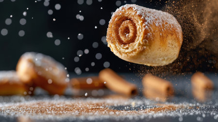 A stunning image of a sweet cinnamon roll dusted with sugar, suspended mid-air, showcasing a mix of texture and aroma that captures the essence of delightful treats.の素材