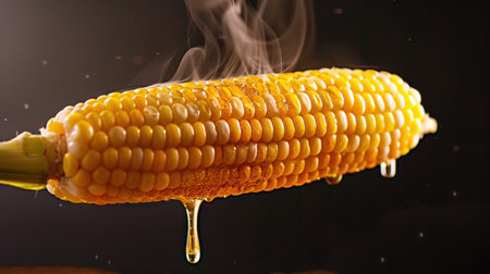 A vibrant image of freshly grilled corn on the cob, releasing steam against a dark background, showcasing its juicy kernels and appealing colors, perfect for culinary use.の素材