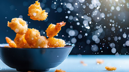 A visually appealing image capturing crispy fried shrimp as they fall into a black bowl, amidst a backdrop of shimmering bokeh and water droplets, perfect for seafood enthusiasts.の素材