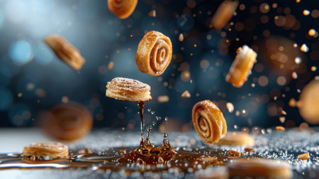 A captivating image featuring cinnamon rolls elegantly suspended in the air, adorned with sparkling sugar and rich caramel on a soft blue background, creating a whimsical and tempting scene.の素材