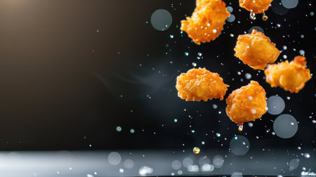 Captivating image of crispy chicken nuggets floating against a dark backdrop, accented by water droplets, enhancing their appetizing appeal for culinary projects.の素材