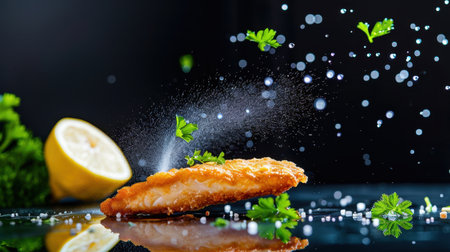 A beautifully presented fried fish fillet garnished with parsley and served with a lemon wedge, capturing the essence of fresh and delicious seafood cuisine perfect for dining.の素材