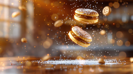 A captivating image of floating cookie sandwiches filled with sweet goodness, surrounded by a soft bokeh background, perfect for dessert lovers and culinary enthusiasts.の素材