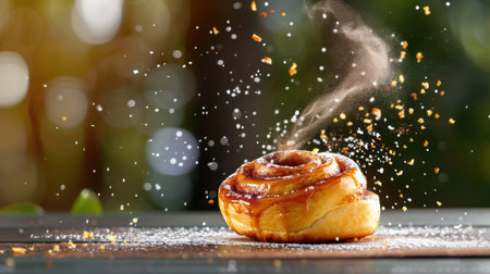 A freshly baked cinnamon roll topped with glossy glaze and a sprinkle of sugar sits on a wooden table, surrounded by a dreamy, soft bokeh background, exuding warmth and delight.の素材