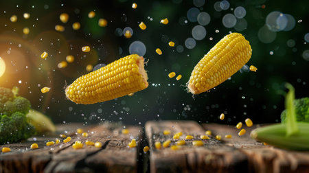 Captivating image of fresh corn kernels falling into splashes of water, surrounded by green vegetables on a rustic wooden table, showcasing healthful cooking and vibrant flavors.の素材