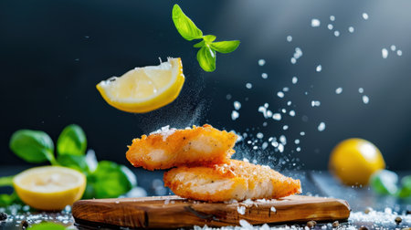 Captivating image of crispy fried fish fillets with vibrant lemon slices and fresh herbs, showcasing a delightful and appetizing culinary experience perfect for gourmet presentations.の素材