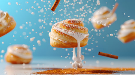 Delight in the tempting allure of floating cinnamon rolls drizzled with creamy icing, surrounded by a playful sprinkle of sugar, evoking sweetness and warmth.の素材
