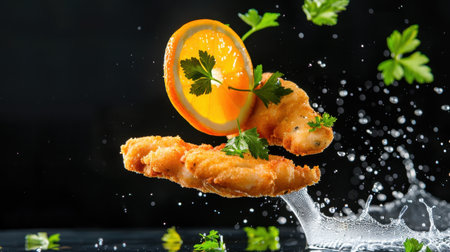 This stunning image captures a crispy fried fish decorated with a vibrant orange slice and fresh herbs, creating an appetizing splash of water against a dark backdrop. Perfect for food lovers!の素材