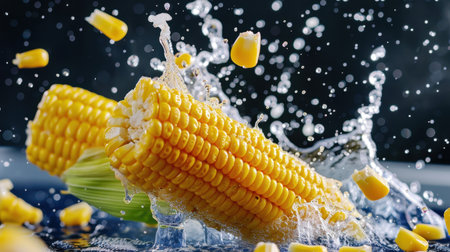 A dynamic image showcasing fresh corn splashing into water, highlighting vibrant yellow kernels and refreshing droplets, perfect for culinary and nature-themed projects.の素材