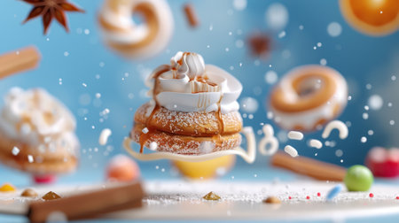 A whimsical display of a floating dessert featuring cream and toppings, surrounded by sprinkles and colorful candies, creating a festive and joyful atmosphere ideal for culinary art.の素材