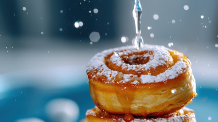 A mouth-watering close-up of a stack of sweet pastries, featuring a drizzle of glaze and dusted with powdered sugar, set against a vibrant blue plate for an inviting presentation.の素材