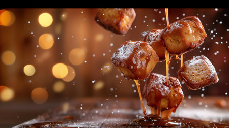 Indulge in the sweetness of small dessert balls dripping with rich chocolate sauce, sprinkled with sugar, evoking a cozy and festive atmosphere. Perfect for any celebration.の素材