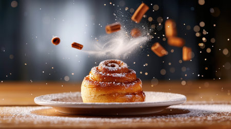 A scrumptious cinnamon roll sits elegantly on a plate, dusted with sugar while floating cinnamon sticks and steam add warmth, inviting you to indulge in this delicious treat.の素材