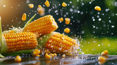 This image showcases a vibrant splash of freshly harvested corn kernels in water, emphasizing healthy living and the beauty of natural produce. Perfect for food-related projects.の素材
