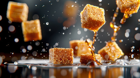 Captivating image of brown sugar cubes falling into water, creating dynamic splashes and textured droplets, perfect for culinary inspiration or food-related projects.の素材