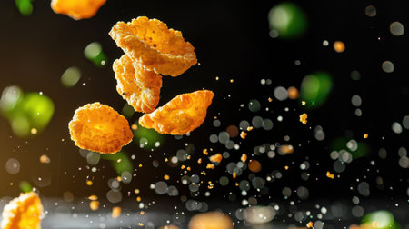 A dynamic image capturing golden cornflakes in mid-air, surrounded by fresh green ingredients and falling crumbs, creating an enticing visual for breakfast and culinary creativity.の素材