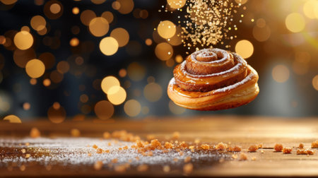 A warm cinnamon roll is sprinkled with sugar crystals, creating a delightful appearance. The dreamy bokeh background enhances the cozy atmosphere, perfect for bakery-themed projects.の素材