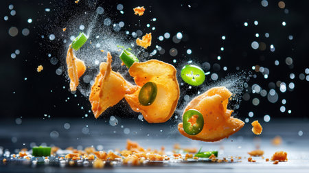 Crispy golden snacks captured in mid-air with jalapeの素材