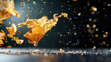 A stunning capture of golden splinters exploding in motion against a dark backdrop. The interplay of light and particles creates a mesmerizing visual for creative projects.の素材