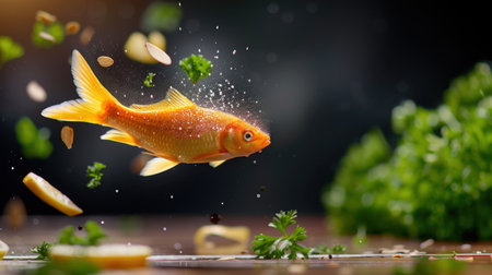 A stunning goldfish leaps through the air, surrounded by culinary elements like herbs and spices, creating vibrant splashes and an artistic representation of freshness and creativity.の素材
