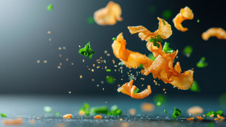 A dynamic image capturing crispy potato chips suspended in mid-air, surrounded by fresh herbs and spices, creating a vibrant and appetizing scene perfect for food lovers and culinary enthusiasts.の素材