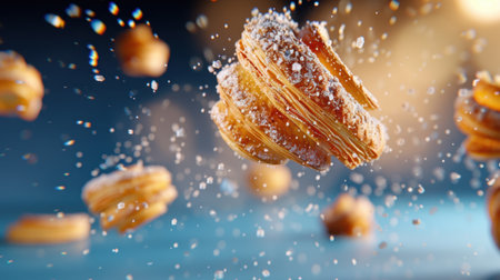 An alluring scene of pastries gracefully floating with a gentle dusting of sugar, evoking a sense of indulgence and culinary delight. Perfect for food enthusiasts and recipes.の素材
