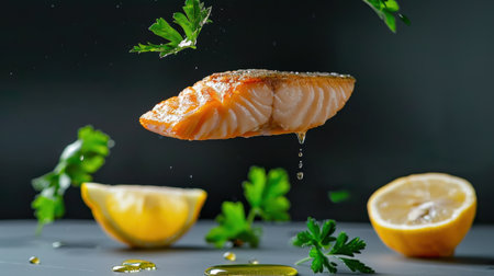 Captivating image of a fresh salmon fillet suspended in air, garnished with herbs and lemon, dripping with olive oil, showcasing vibrant culinary artistry and healthy food choices.の素材