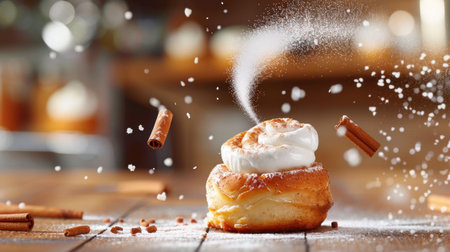 A scrumptious pastry topped with whipped cream and cinnamon, dusted with sugar, evokes warmth and indulgence in a cozy kitchen atmosphere. Perfect for sweet cravings.の素材