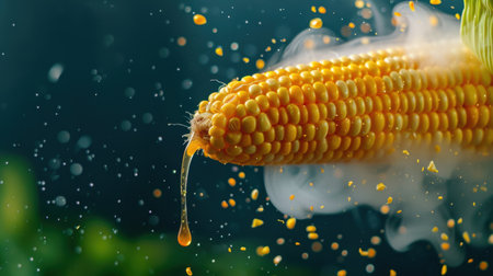 A striking image of a fresh corn cob dripping with juice, captured in a vibrant and colorful setting. Perfect for culinary themes and fresh food content.の素材