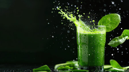 A vibrant splash of fresh green vegetable juice in a glass, surrounded by spinach leaves and water droplets, creating a refreshing and healthy drink scene.の素材