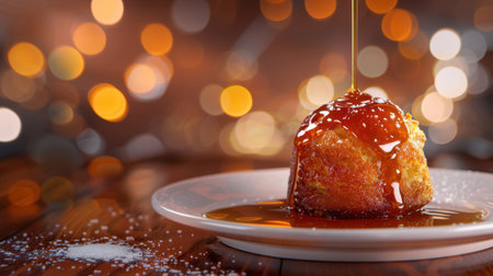 A mouthwatering dessert featuring a soft cake drenched in golden syrup, set against a backdrop of shimmering bokeh lights, evoking warmth and indulgence.の素材