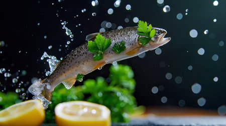 This captivating image captures a fish in mid-air, surrounded by splashes of water, garnished with herbs and lemon slices, perfect for culinary inspiration and vibrant food photography.の素材