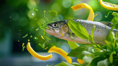A lively and fresh scene featuring a fish surrounded by herbs and citrus slices, perfect for showcasing culinary creativity and healthy cooking inspirations.の素材