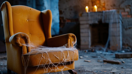 Eerie scene featuring an abandoned armchair draped in cobwebs beside flickering candles, evoking a sense of mystery and decay in an atmospheric setting.の素材
