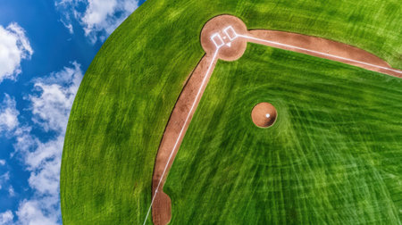Capture an aerial perspective of a baseball field showcasing vibrant green grass and a well-defined infield, creating an inviting backdrop for sports and recreation.の素材