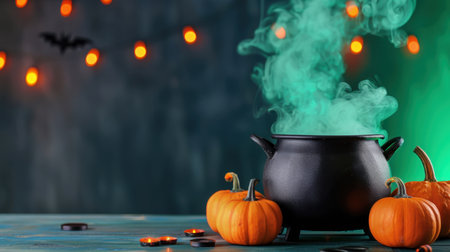 A captivating Halloween scene featuring a black cauldron emitting green smoke, surrounded by bright orange pumpkins, creating a magical and spooky atmosphere perfect for festive celebrations.の素材
