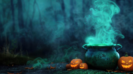 A mystical scene features a bubbling cauldron emitting green smoke beside glowing jack-o'-lanterns in a dark forest, perfect for Halloween-themed projects and seasonal decor inspiration.の素材