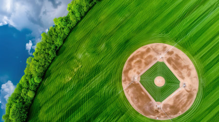 Captivating aerial view of a vibrant baseball field nestled among lush green trees, showcasing the beauty of sports in nature with a clear blue sky and fluffy white clouds.の素材