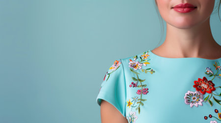 Close-up image of a woman's shoulder showcasing intricate floral embroidery on a light blue dress, perfect for fashion, beauty, and textile design themes.の素材