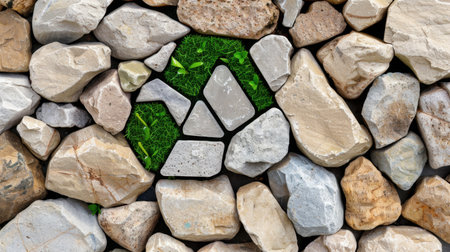 A striking arrangement of smooth stones crafted with patches of vibrant grass, reflecting themes of sustainability, nature, and artistic design in a serene outdoor setting.の素材