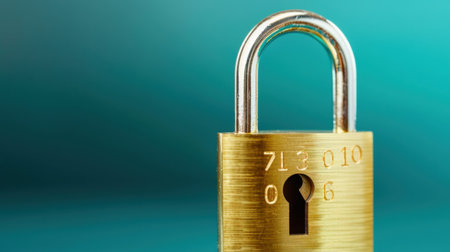 A striking close-up of a gold padlock featuring numeric details set against a vibrant turquoise background, exemplifying themes of safety, security, and protection in daily life.の素材