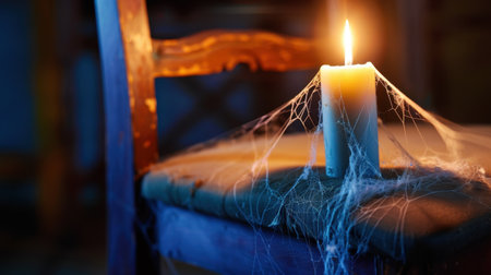A glowing candle perched on an old chair, wrapped in cobwebs creates a chilling and mysterious ambiance ideal for Halloween themes or spooky storytelling. Perfect for adding mood.の素材