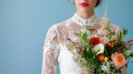 A stunning bride in a delicate lace dress holds a vibrant bouquet against a serene blue background, capturing the essence of elegance and romance for wedding themes and fashion inspiration.の素材