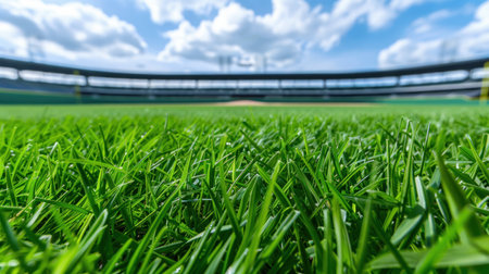 This image captures a vibrant patch of lush green grass at a baseball field under a bright blue sky, creating an inviting atmosphere for outdoor sports activities and leisure moments.の素材