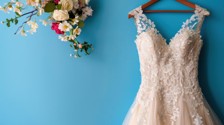 Beautiful wedding dress features intricate lace and detailed embroidery, elegantly displayed with a vibrant floral bouquet against a bright blue background, perfect for bridal preparation imagery.の素材