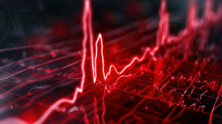 Dynamic abstract visualization features a red waveform graph, symbolizing data analysis and technology interactions in a modern digital environment.の素材