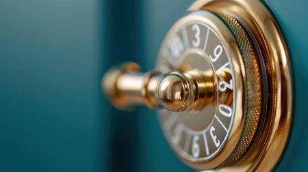 This image features a close-up of a vintage safe lock, showcasing the intricate design and luxurious gold finish against a striking blue background, emphasizing security and style.の素材